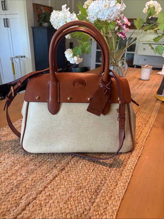 Dooney & Bourke Handbags - Dooney & Bourke Brown Leather & Cream Canvas Satchel with Adjustable Strap